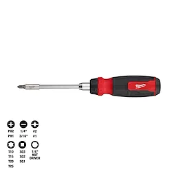 14-in-1 Ratcheting Multi-Bit Screwdriver with a red and black handle, displaying various compatible bit sizes and types.