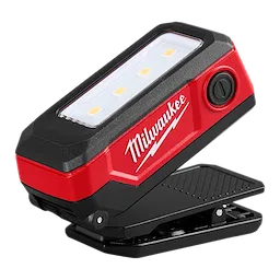 Milwaukee Rechargeable Clip Light features a black and red design with LED lights and a clip for hands-free use.