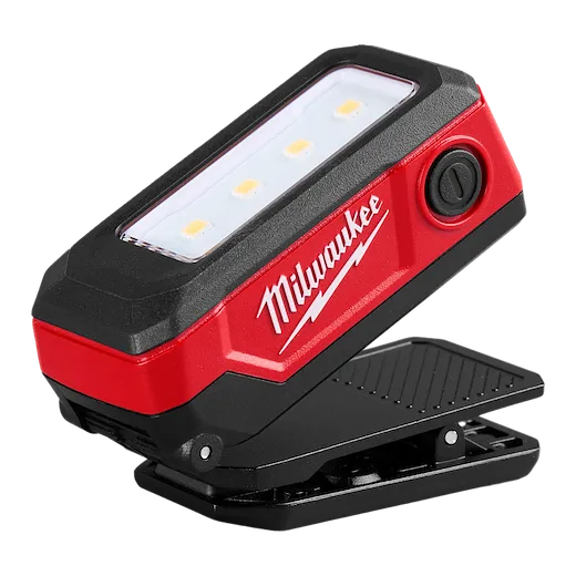 Milwaukee Rechargeable Clip Light features a black and red design with LED lights and a clip for hands-free use.