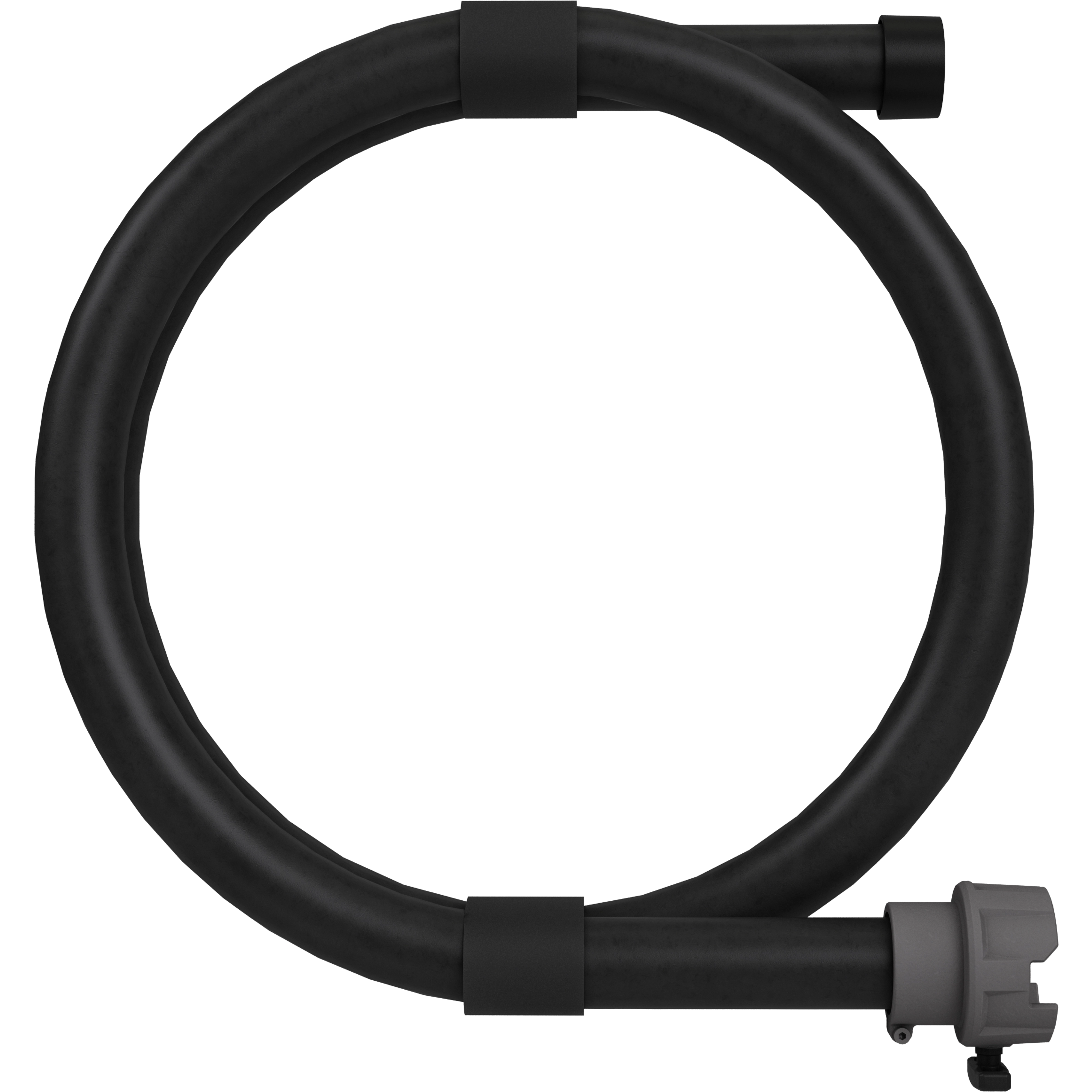 The 12.5 Rear Guide Hose is a black, coiled hose designed for industrial and commercial use. It features connectors at both ends for easy attachment, ensuring efficient and thorough operation.