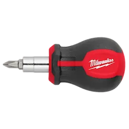This image shows a Milwaukee 6-IN-1 Stubby Multi-Bit Screwdriver. The compact tool has a black and red handle with the Milwaukee logo and includes an interchangeable multi-bit design for various screw heads.