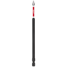The image shows a SHOCKWAVE™ 6" Impact Phillips #1 Power Bit. It has a black shaft with a red section displaying the Milwaukee brand logo near the tip, which is designed for Phillips head screws.