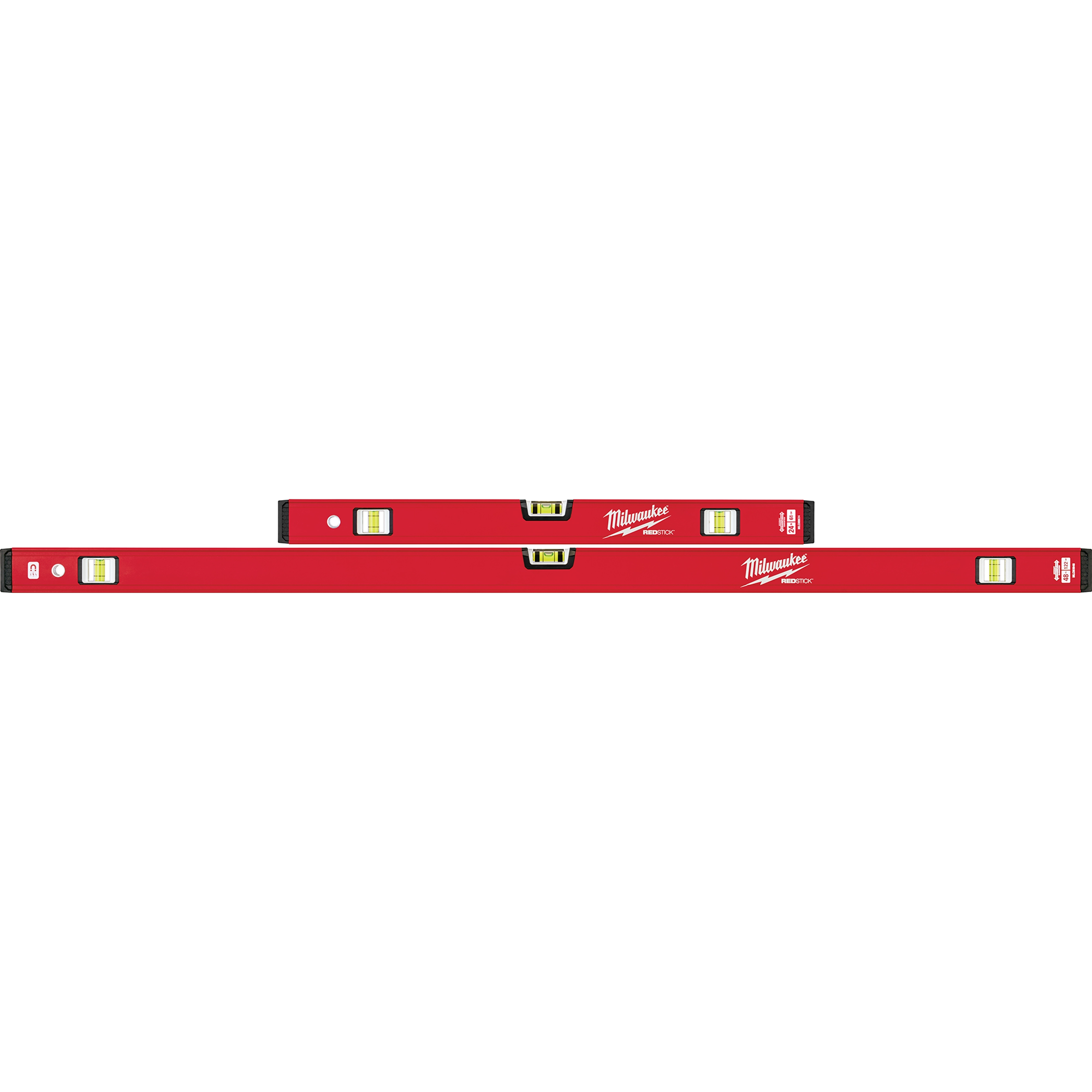 Red Milwaukee REDSTICK Level with three bubble vials for precise measurements, displayed horizontally.