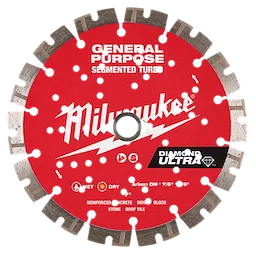 Image of a 7" DIAMOND ULTRA™ Segmented Turbo, General Purpose Diamond Blade. The blade is red with silver segments around the edge and has "Milwaukee", "General Purpose", and "Diamond Ultra™" prominently displayed. The blade is designed for cutting reinforced concrete, brick, block, stone, and roof tile.
