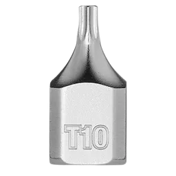 The 1/4" Drive T10 Low-Profile TORX Bit Socket is a metal tool bit with a compact design. It features a T10 size marking on the front face and is intended for use with a 1/4" drive socket wrench.
