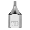 The 1/4" Drive T10 Low-Profile TORX Bit Socket is a metal tool bit with a compact design. It features a T10 size marking on the front face and is intended for use with a 1/4" drive socket wrench.