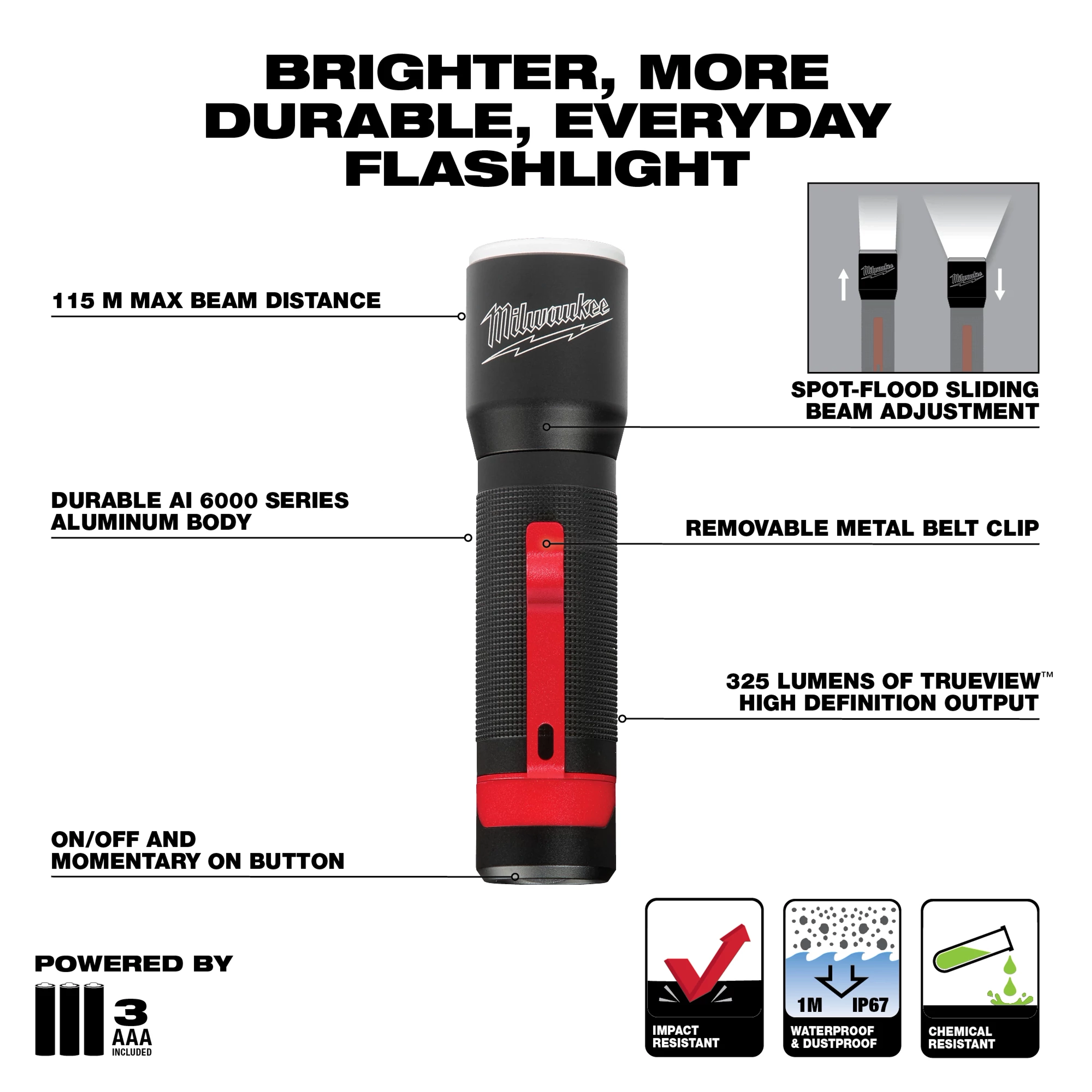 Walkaround flashlight with a 115-meter max beam distance, sliding beam adjustment, 325 lumens output, aluminum body, and belt clip.