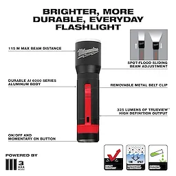 Walkaround flashlight with a 115-meter max beam distance, sliding beam adjustment, 325 lumens output, aluminum body, and belt clip.