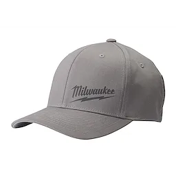 Gray Milwaukee Fitted Hat with embroidered Milwaukee logo in dark gray script on the front panel, featuring a curved brim and six-panel construction.