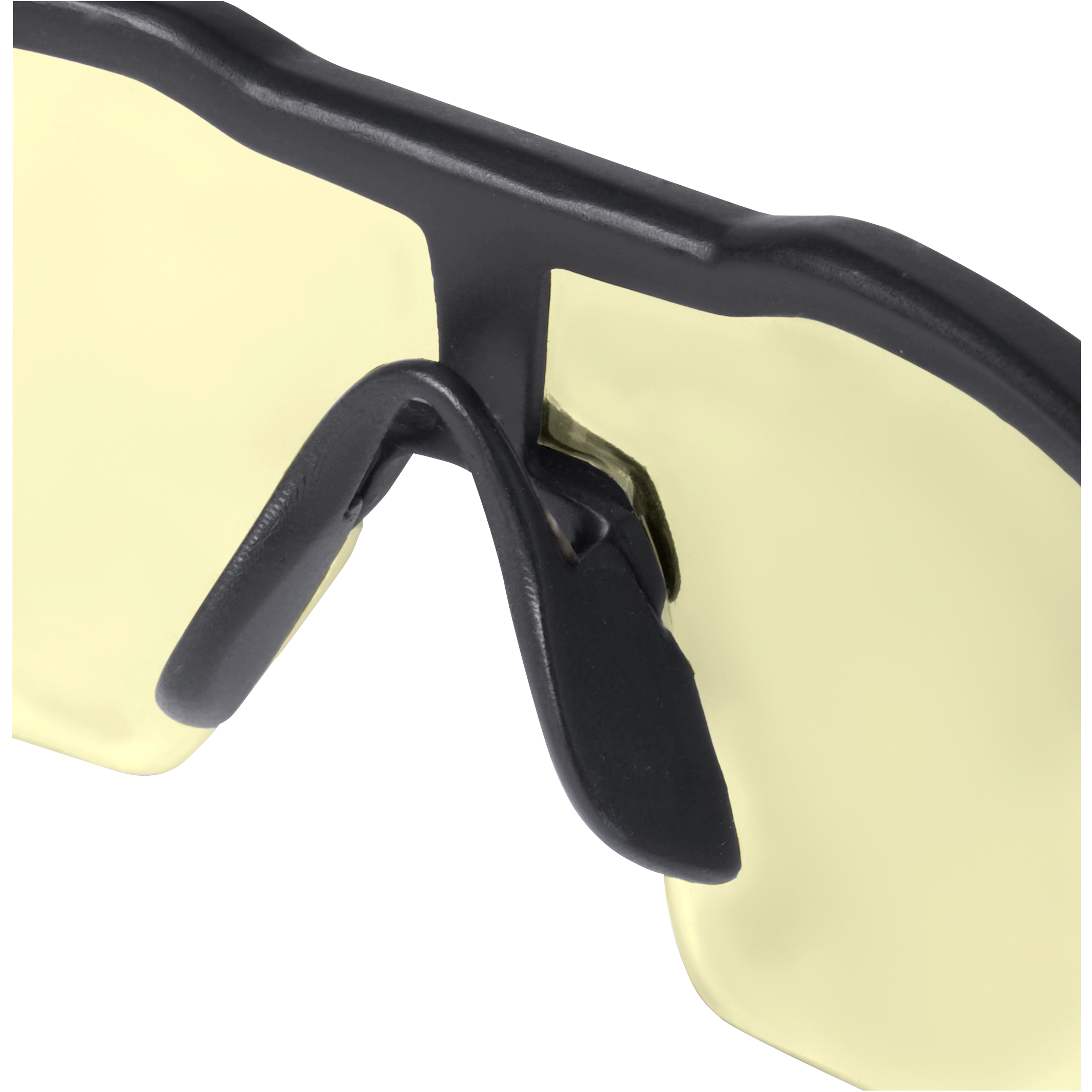 Close up of Safety Glasses - Yellow Fog-Free Lenses, featuring a black adjustable nose pad and yellow-tinted lenses.