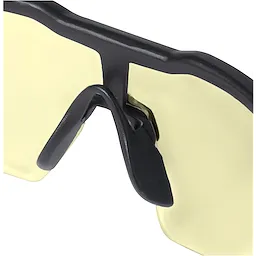 Close up of Safety Glasses - Yellow Fog-Free Lenses, featuring a black adjustable nose pad and yellow-tinted lenses.