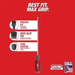 1/4" Cabinet 10" Cushion Grip Screwdriver features precise fit, anti-slip tip, and long-lasting high-strength steel. Made in the USA.