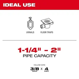 Plumbing Power Tool web graphics display ideal use for urinals and floor traps with 1-1/4" to 2" pipe capacity. The hollow core measurement is 3/8 inch by 4 feet.
