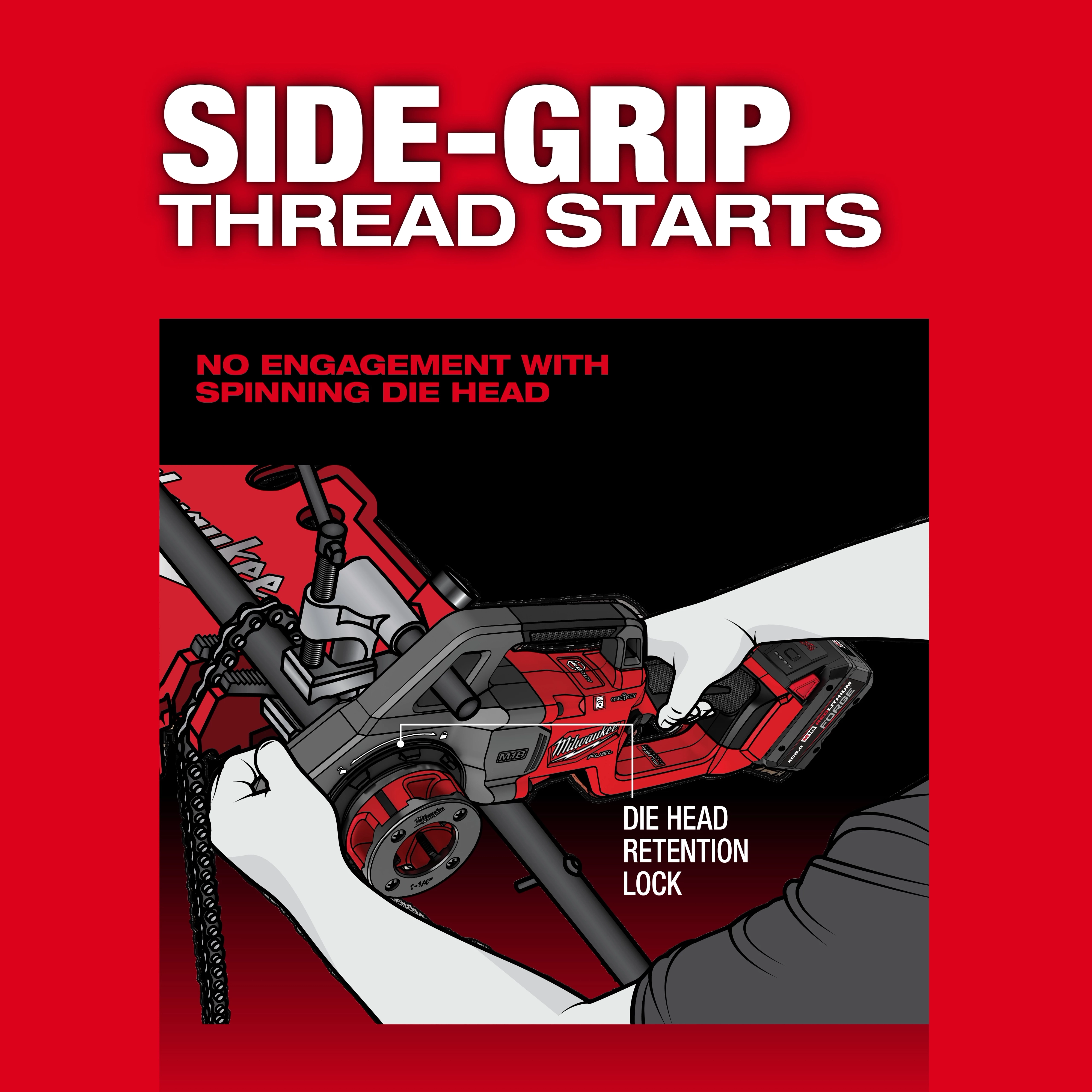 Image of the M18 FUEL™ Compact Pipe Threader w/ ONE-KEY™ with 1/2" - 1-1/4" Compact NPT Forged Aluminum Die Heads. The image demonstrates the side-grip thread start feature and the die head retention lock. Text highlights "No engagement with spinning die head."