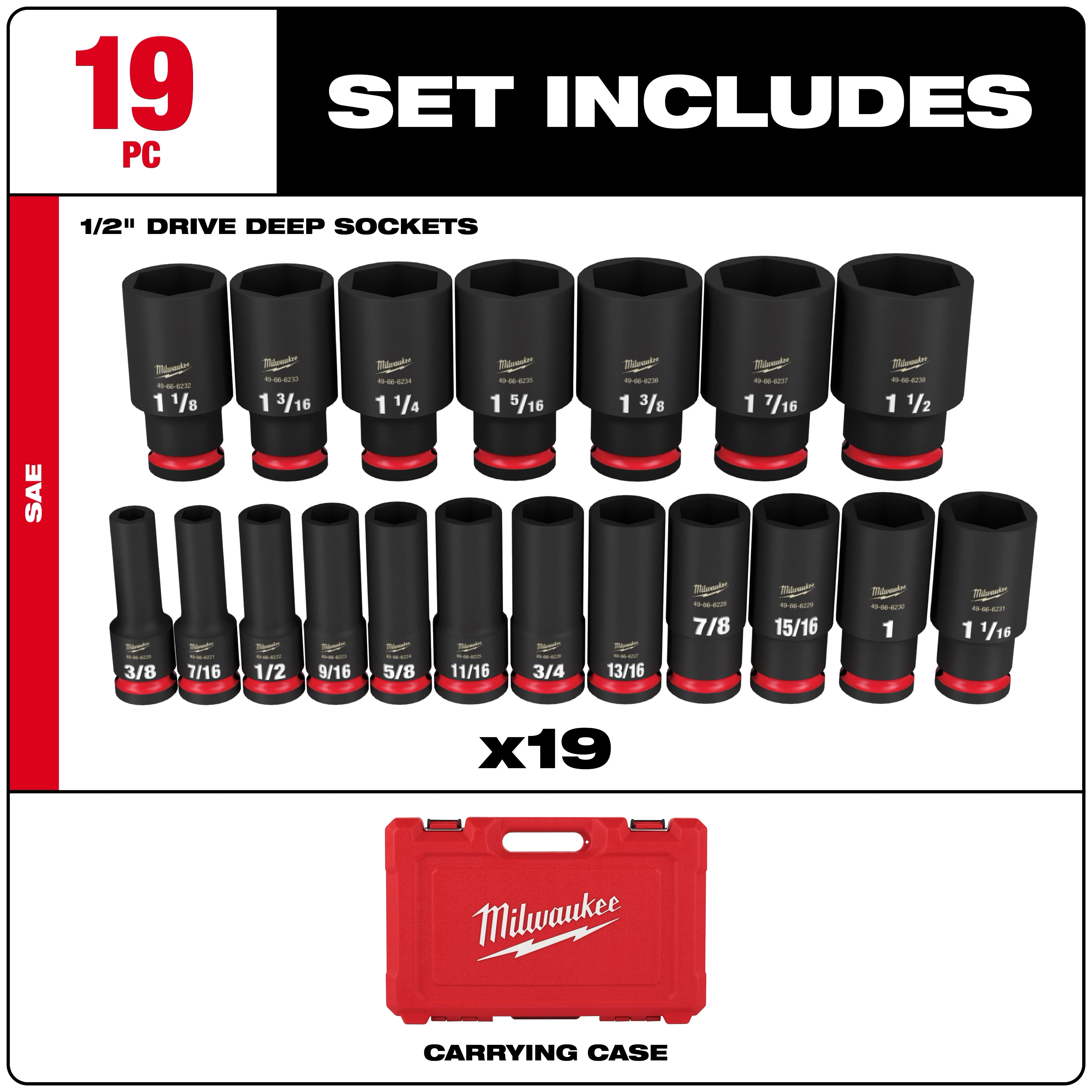Milwaukee 19-piece 1/2" drive deep socket set in various sizes, from 3/8" to 1 1/2". Each socket is black with red accents and labeled with its size. A red carrying case with the Milwaukee logo is included.