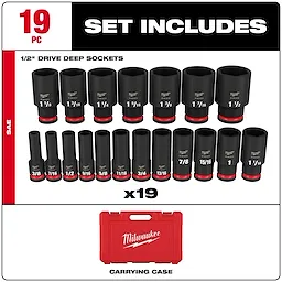 Milwaukee 19-piece 1/2" drive deep socket set in various sizes, from 3/8" to 1 1/2". Each socket is black with red accents and labeled with its size. A red carrying case with the Milwaukee logo is included.