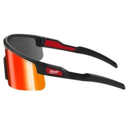 Wrap Around Safety Glasses with Red Mirrored Anti-Scratch Lenses feature black and red adjustable frames, designed for secure fit and durability. The lenses provide enhanced eye protection and a modern look.