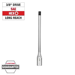 3/8" Drive 1/4" Long Hex Bit Socket with a long reach design, suitable for SAE fasteners. Lifetime guarantee included.