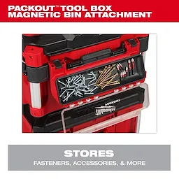 PACKOUT Tool Box Magnetic Bin Attachment holds screws, nails, and fasteners. Installs on the side of a red tool box for easy access.