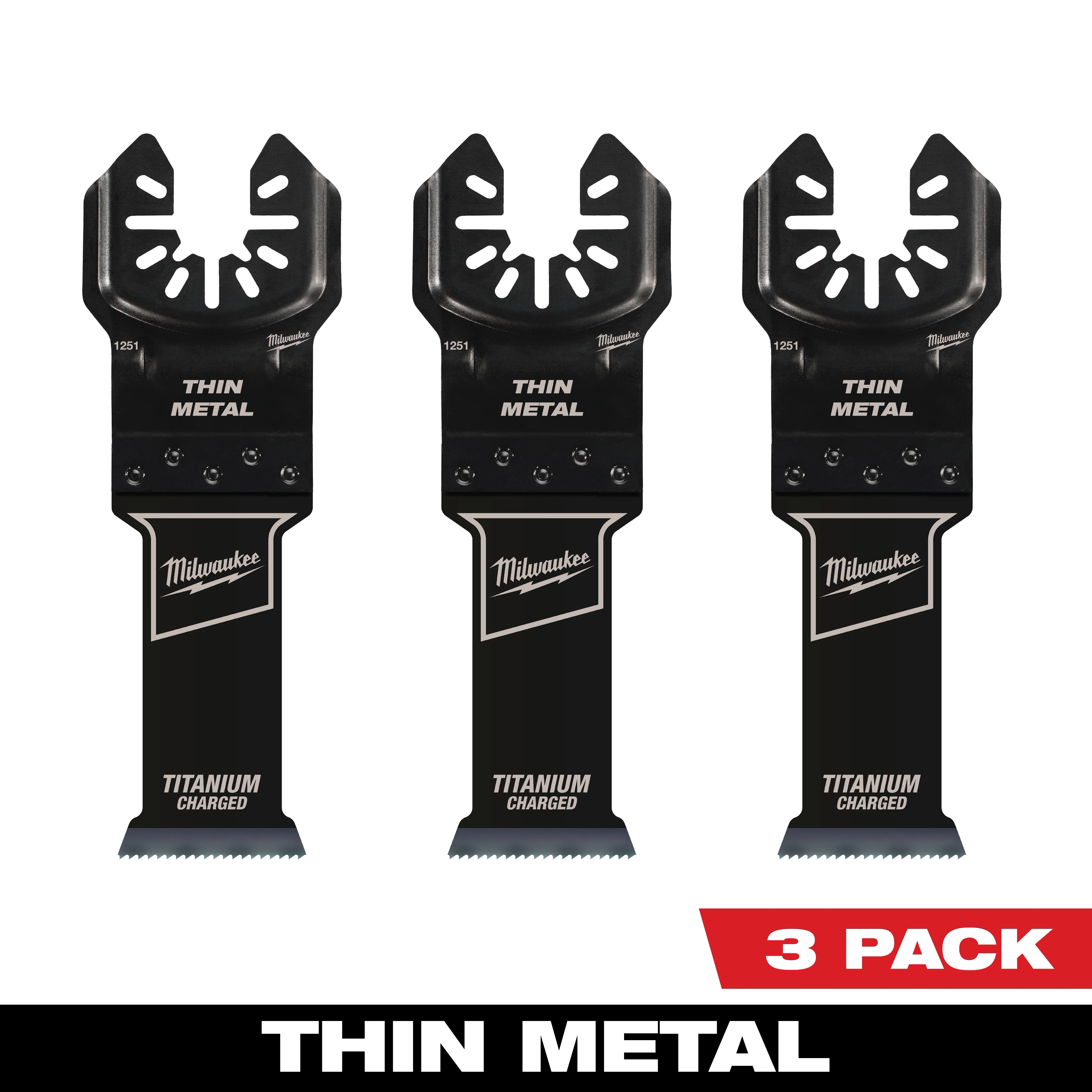 Three Milwaukee Open-Lok Titanium Charged Bi-Metal Thin Metal Multi-Tool Blades are pictured. The packaging indicates a 3 pack.