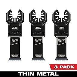 Three Milwaukee Open-Lok Titanium Charged Bi-Metal Thin Metal Multi-Tool Blades are pictured. The packaging indicates a 3 pack.