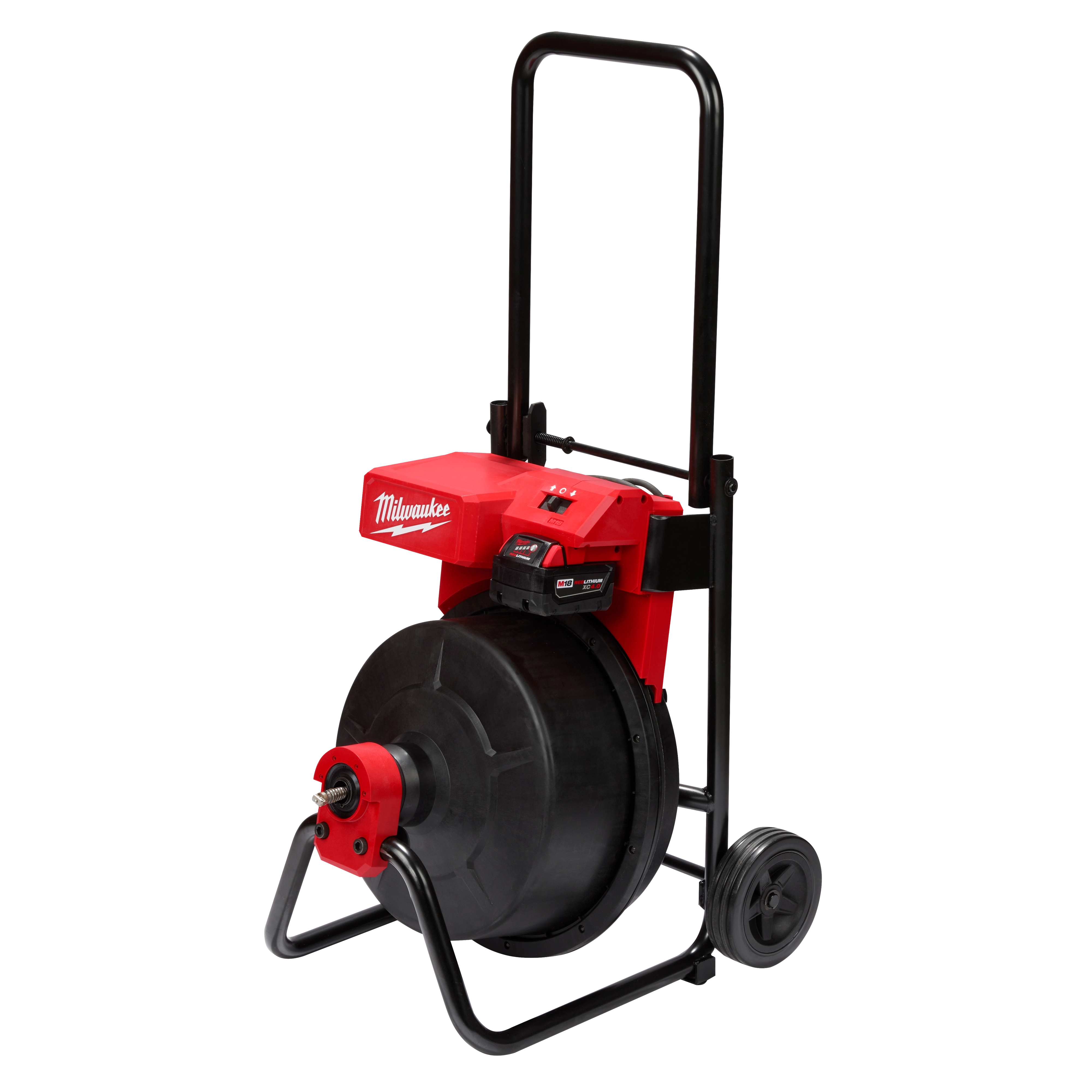 M18 Drum Machine with 3/8" Cable features a black and red design, handle, and two wheels for portability.