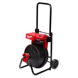M18 Drum Machine with 3/8" Cable features a black and red design, handle, and two wheels for portability.