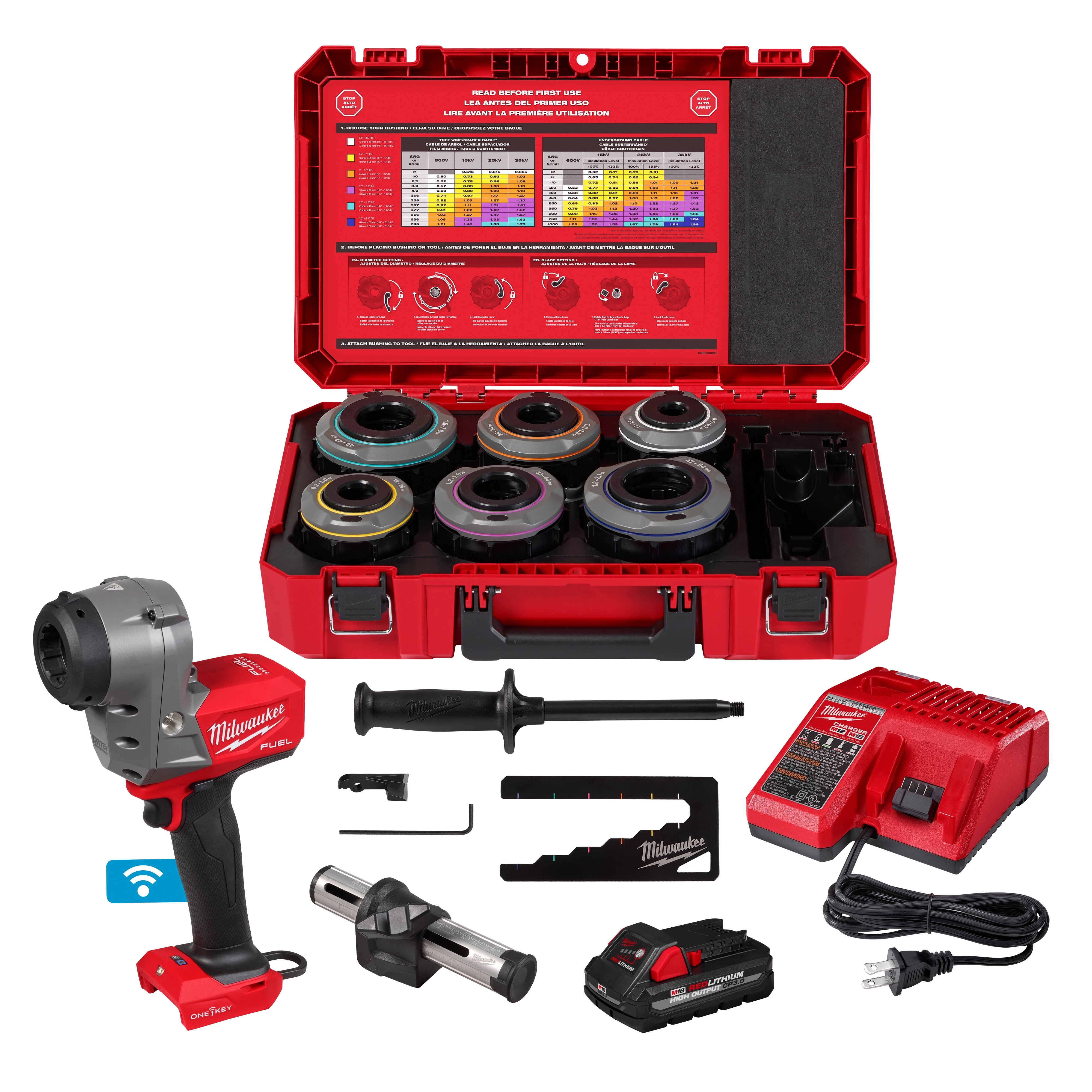 The M18 FUEL™ Covered Conductor Cable Stripper Kit w/ Adjustable Bushings includes a red cable stripper, adjustable bushings, a red carrying case, battery charger, and accessories. The case displays setup instructions and a color-coded chart.
