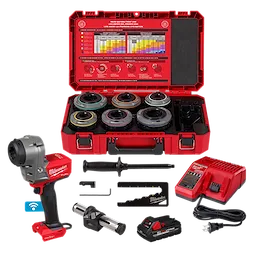 The M18 FUEL™ Covered Conductor Cable Stripper Kit w/ Adjustable Bushings includes a red cable stripper, adjustable bushings, a red carrying case, battery charger, and accessories. The case displays setup instructions and a color-coded chart.
