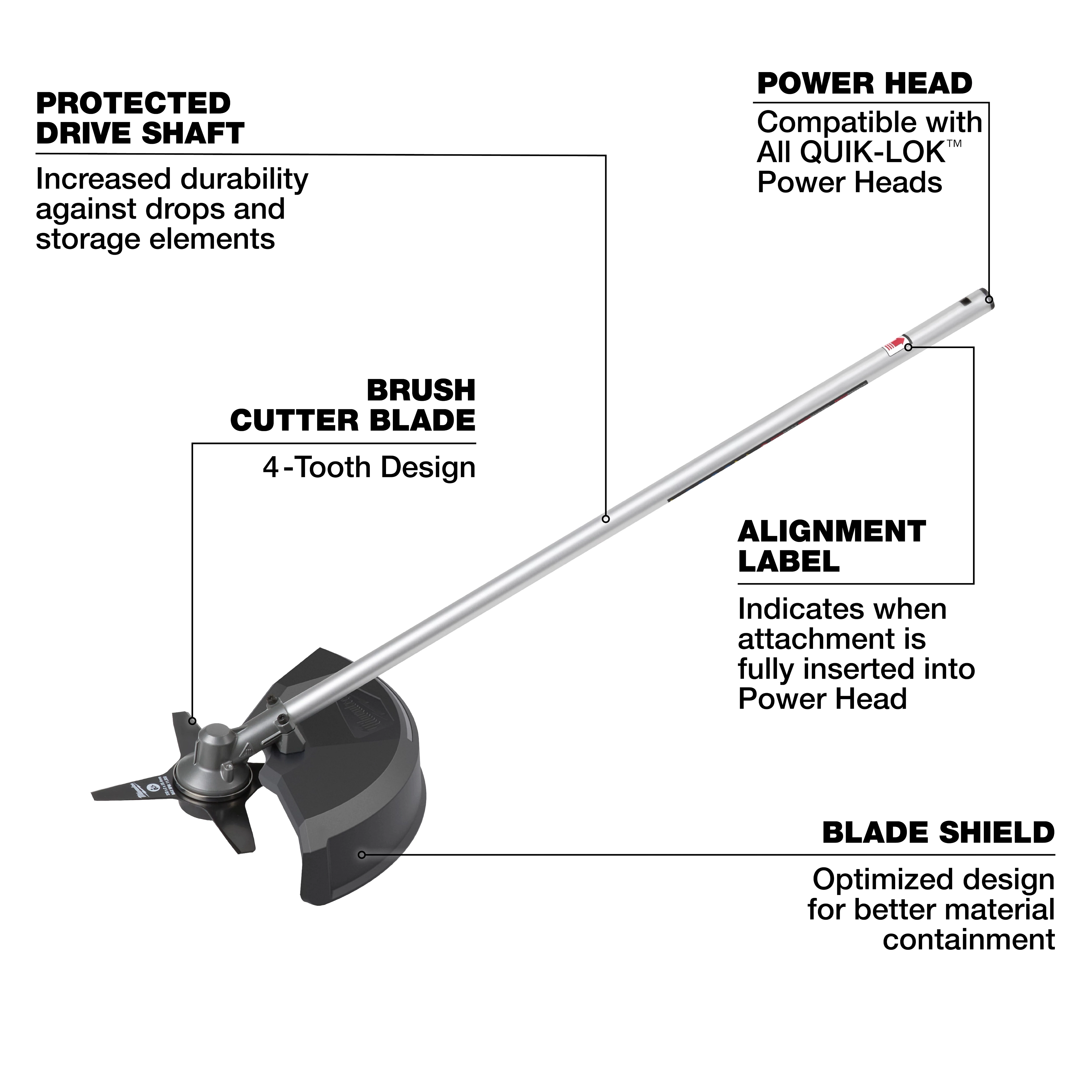 M18 FUEL QUIK-LOK Brush Cutter Attachment with long metal shaft, brush cutter blade, and blade shield.