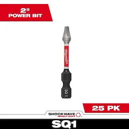 Image of the SHOCKWAVE™ 2” Impact Duty Square Recess #1 Power Bits, a 25-pack by Milwaukee. The bit features a durable design with a red collar, black hexagonal base labeled "SQ1," and is intended for heavy-duty use. The words "2” Power Bit" and "25 PK" are also featured.