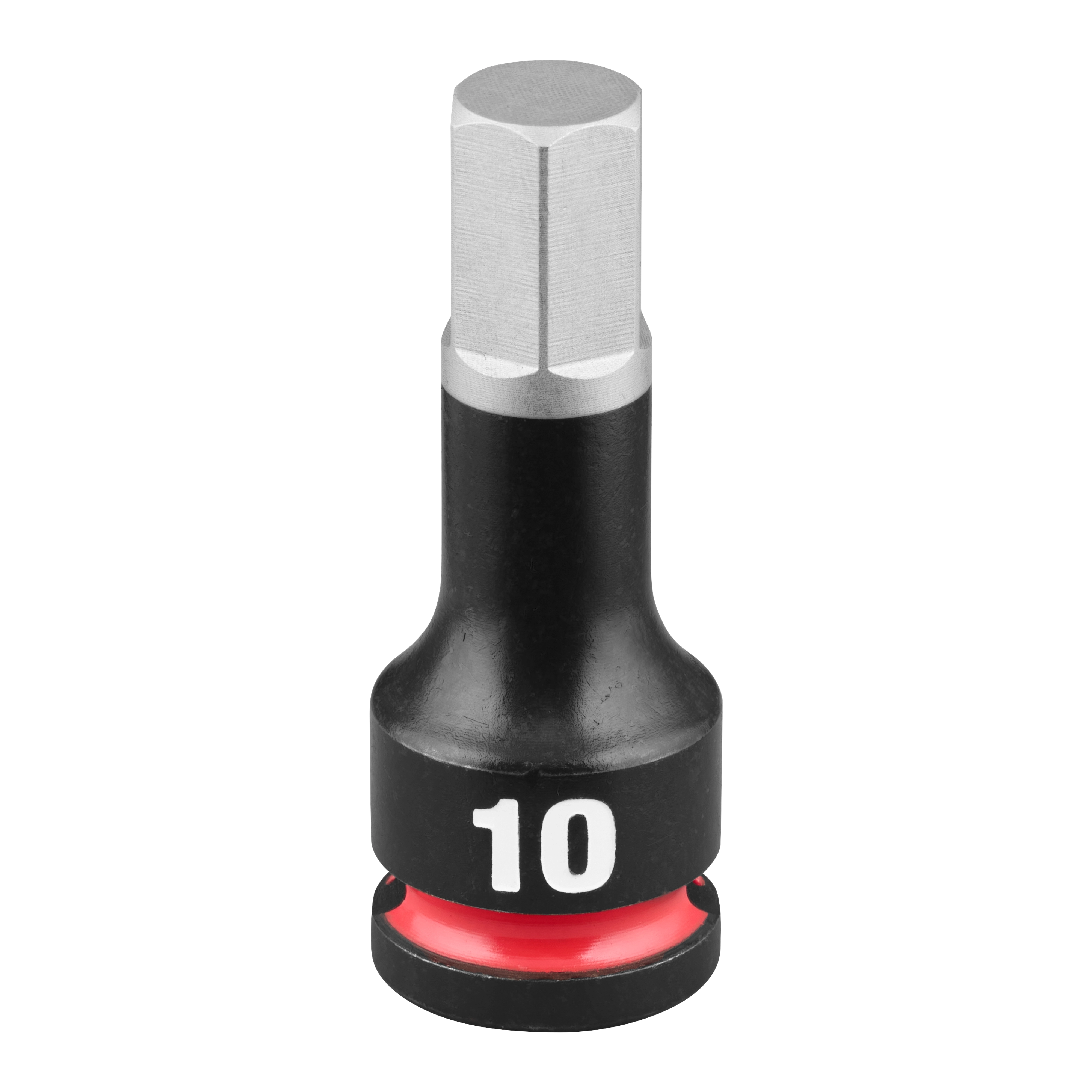 The SHOCKWAVE Impact Duty 3/8" Drive 2" Hex 10mm Bit Socket features a black and silver design with a red band and the number "10" printed on it.
