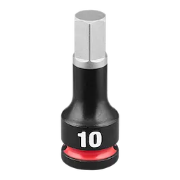The SHOCKWAVE Impact Duty 3/8" Drive 2" Hex 10mm Bit Socket features a black and silver design with a red band and the number "10" printed on it.