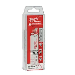 The 6" 14 TPI THE TORCH™ SAWZALL® Blades (25 PK) are packaged in a clear plastic case with red and white labeling. The blades are designed for cutting metal and feature Milwaukee branding. The packaging highlights durability, strength, and long-lasting performance. Comes with 25 metal-cutting blades.