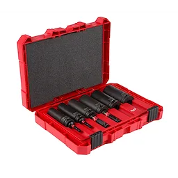 The Shockwave Lineman's 10PC 2 IN 1 12PT Socket Set is shown in an open red plastic case with black foam padding. The set includes ten black metal sockets of varying sizes, securely arranged in designated slots within the case.