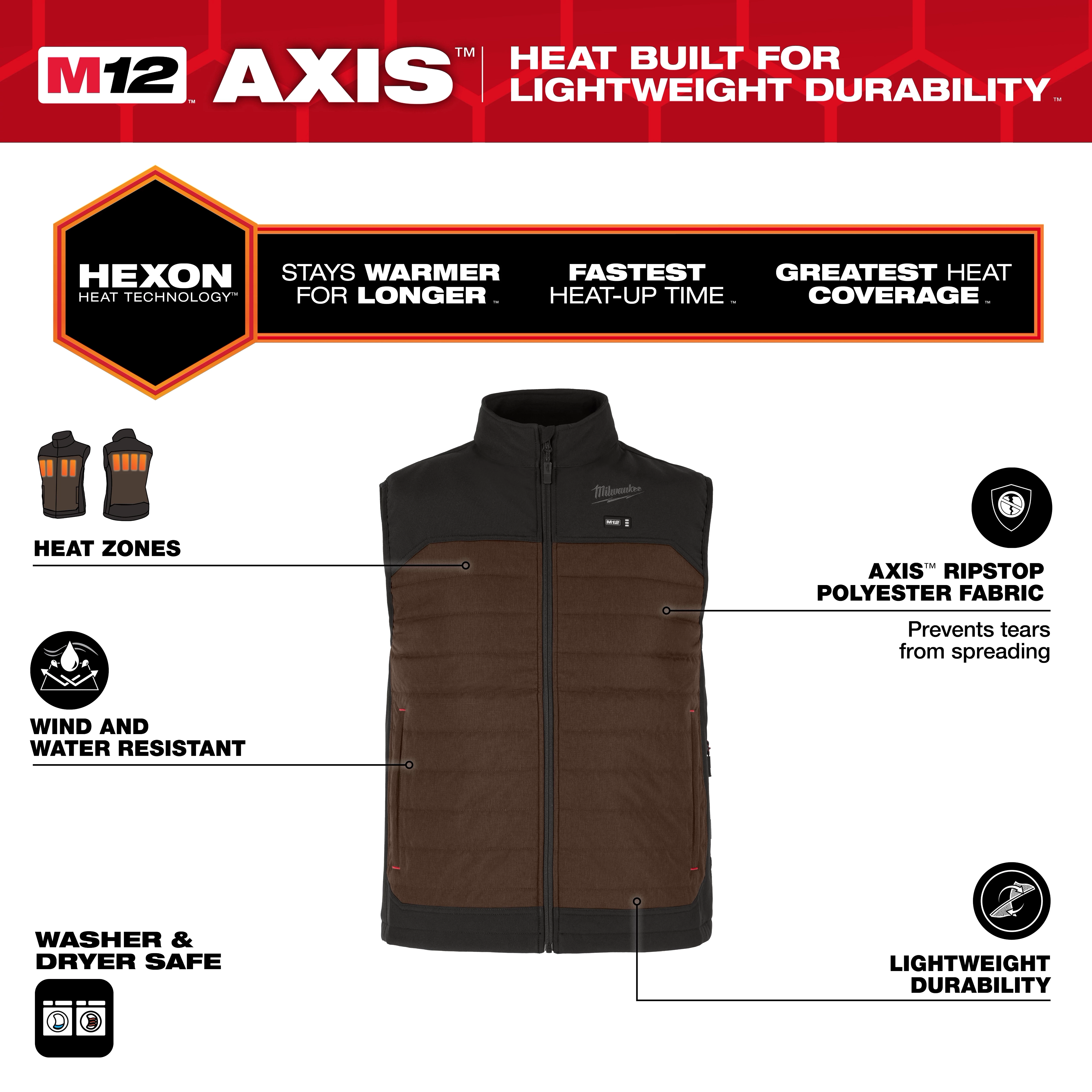 M12 Heated AXIS Jacket with Hexon Heat Technology, wind and water-resistant, featuring heat zones, AXIS ripstop polyester fabric, and washer safe.