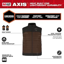M12 Heated AXIS Jacket with Hexon Heat Technology, wind and water-resistant, featuring heat zones, AXIS ripstop polyester fabric, and washer safe.