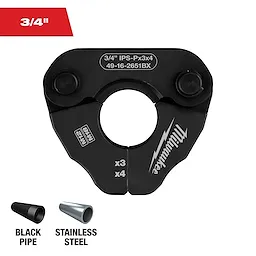 The image shows a black Milwaukee tool attachment labeled for 3/4" pipes. At the bottom, there are images of a black pipe and a stainless steel pipe with corresponding text labels.