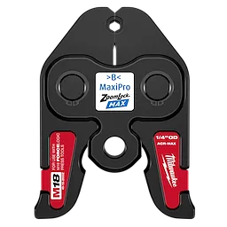 1/4" ZoomLock MAX Press Jaw for M18 FORCE LOGIC Press Tools is a black and red press jaw attachment with MaxiPro branding.