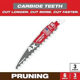 The Sawzall Bi-Metal Carbide pruning blade features carbide teeth for cutting efficiency. It is 6 inches long with 3 teeth per inch, suitable for pruning tasks. The package includes three blades. Labels emphasize longer, faster, and more cuts, with an American flag indicating its country of manufacture.