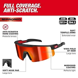 The product is Milwaukee mirrored safety glasses with anti-scratch coating, soft temple arms, and a wide field of view. They feature a soft nose pad and meet ANSI Z87.1+ and CSA Z94.3 safety standards. The mirrored coating reflects light, and the glasses provide full, scratch-resistant coverage.