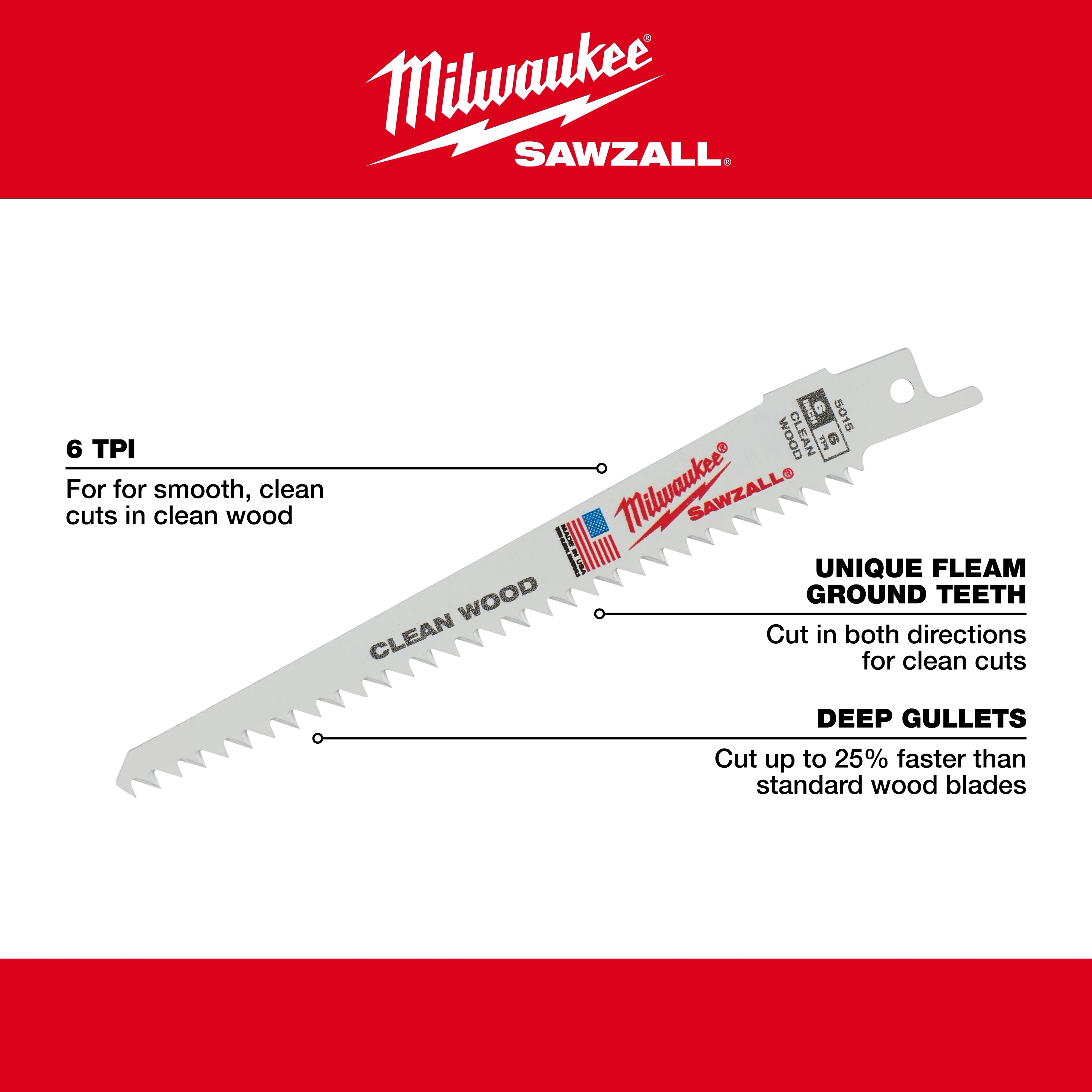 The Clean Wood blade Walkaround is a Milwaukee Sawzall blade featuring 6 TPI for smooth, clean cuts in wood. It has unique fleam ground teeth for bidirectional clean cuts and deep gullets for faster cutting, up to 25% quicker than standard wood blades.