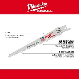 The Clean Wood blade Walkaround is a Milwaukee Sawzall blade featuring 6 TPI for smooth, clean cuts in wood. It has unique fleam ground teeth for bidirectional clean cuts and deep gullets for faster cutting, up to 25% quicker than standard wood blades.