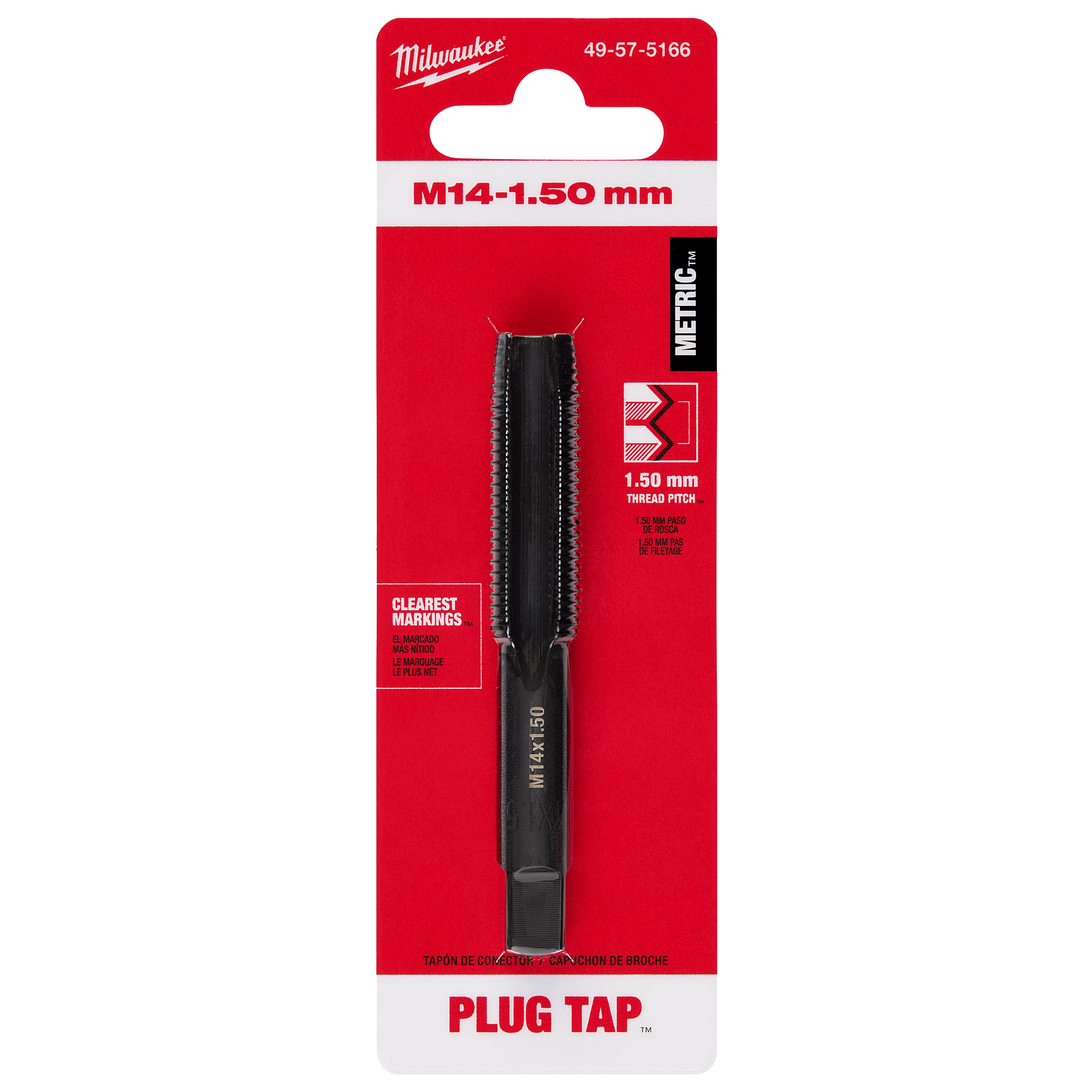 M14-1.50 mm Straight Flute Plug Tap on red and white packaging with metric thread pitch of 1.50 mm, clearest markings, and product number 49-57-5166.
