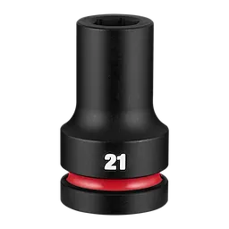SHOCKWAVE Impact Duty 1" Drive 21mm Deep 6 Point Socket standing upright with 21 marking and red ring near base.