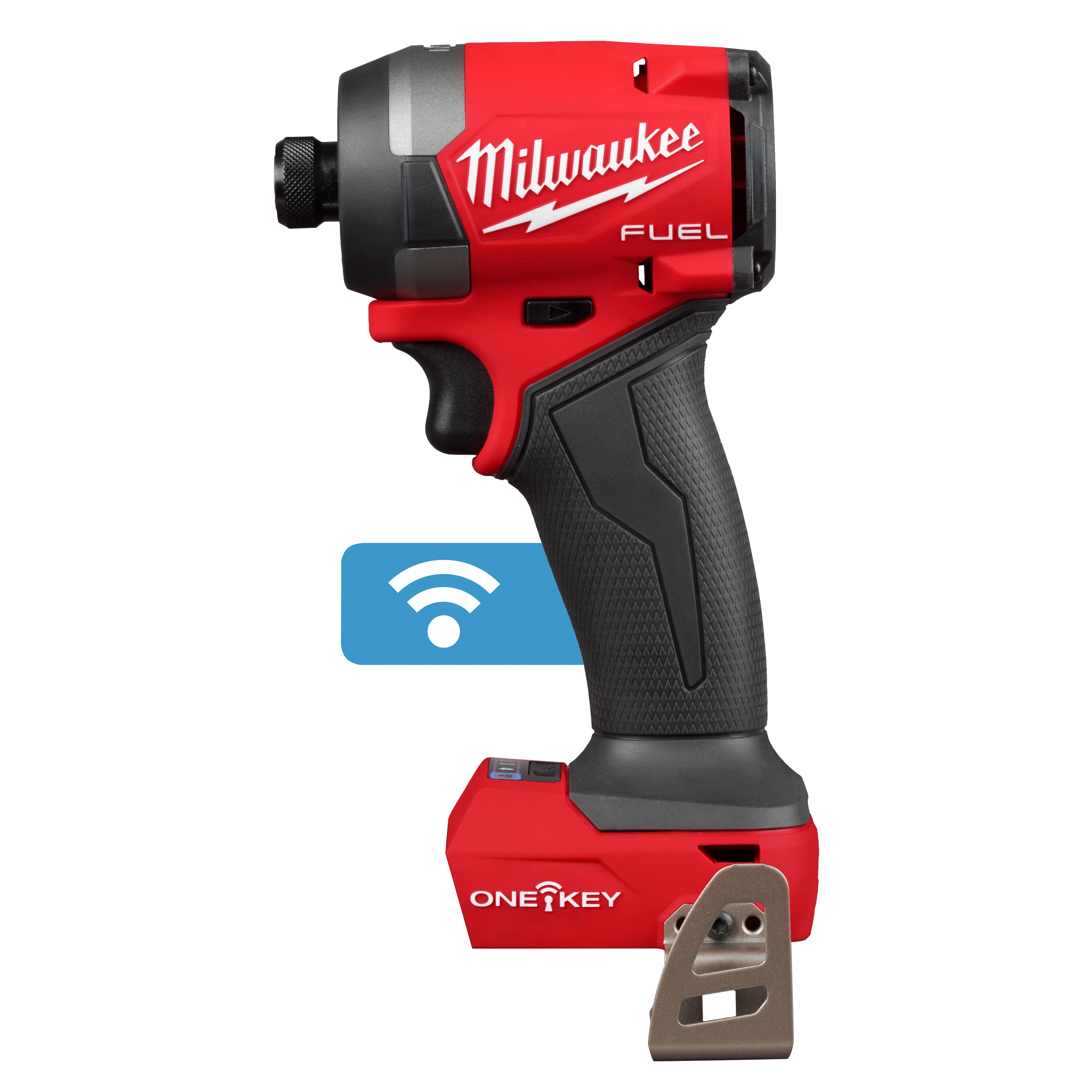 Milwaukee M18 FUEL 1/4" Hex One-Key Impact Driver with red and black design, featuring a textured grip and Wi-Fi connectivity.