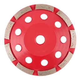 Image of a 4-1/2" Single Row Diamond Cup Wheel. The tool is circular with a red center, featuring eight holes in a circular arrangement. The outer edge has segments with rough diamond particles for grinding.