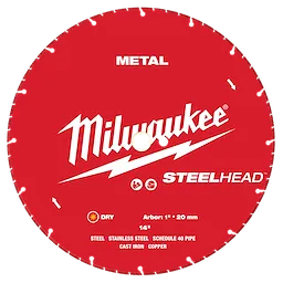 The Milwaukee 14” STEELHEAD™ Metal Cutting Diamond Blade is red with white text. It has a 1” arbor, suitable for cutting steel, stainless steel, schedule 40 pipe, cast iron, and copper.