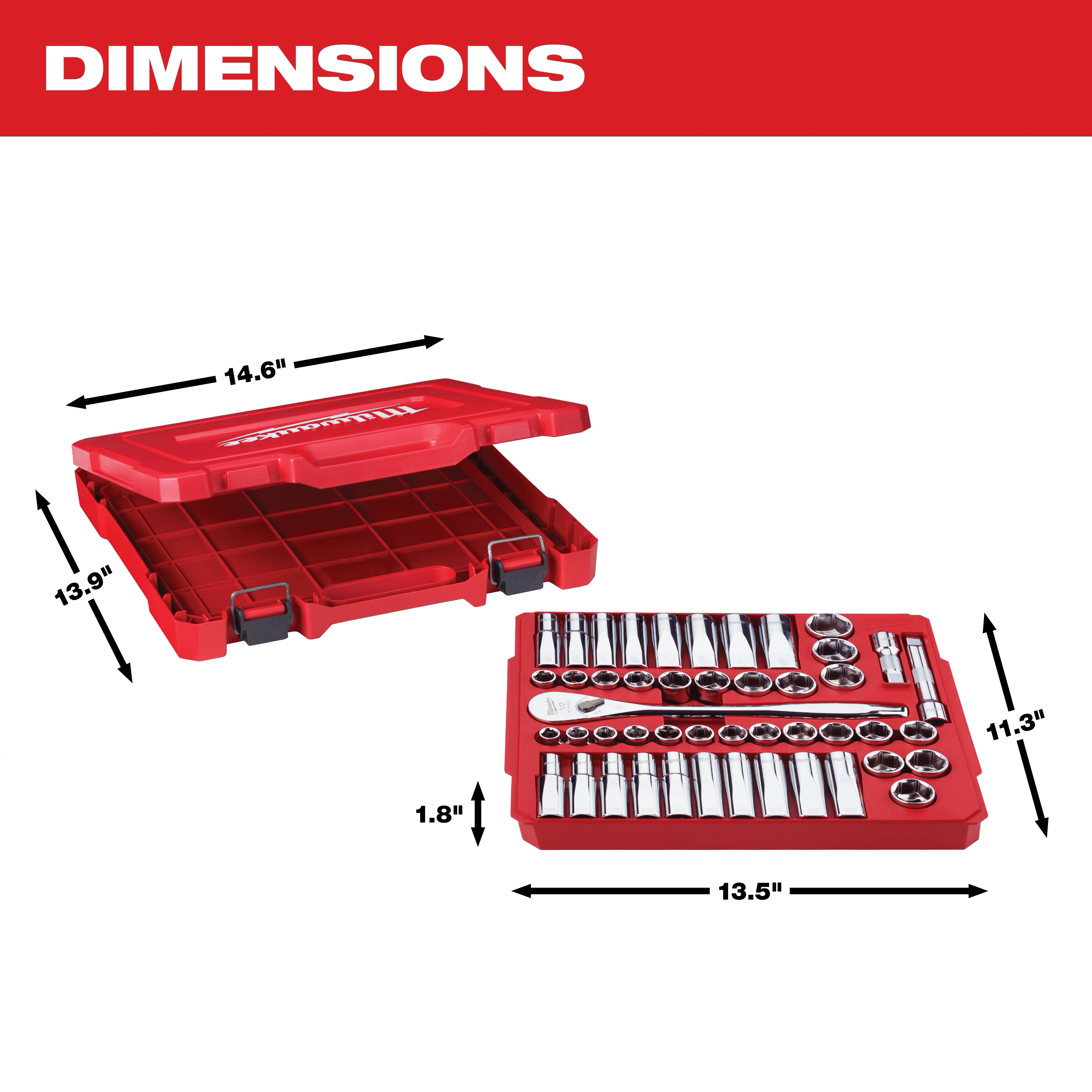 This image shows the dimensions of a red Milwaukee tool case and its contents. The closed case is 14.6 inches by 13.9 inches, and the open case with tools is 13.5 inches by 11.3 inches by 1.8 inches. The casing has compartments for tools.