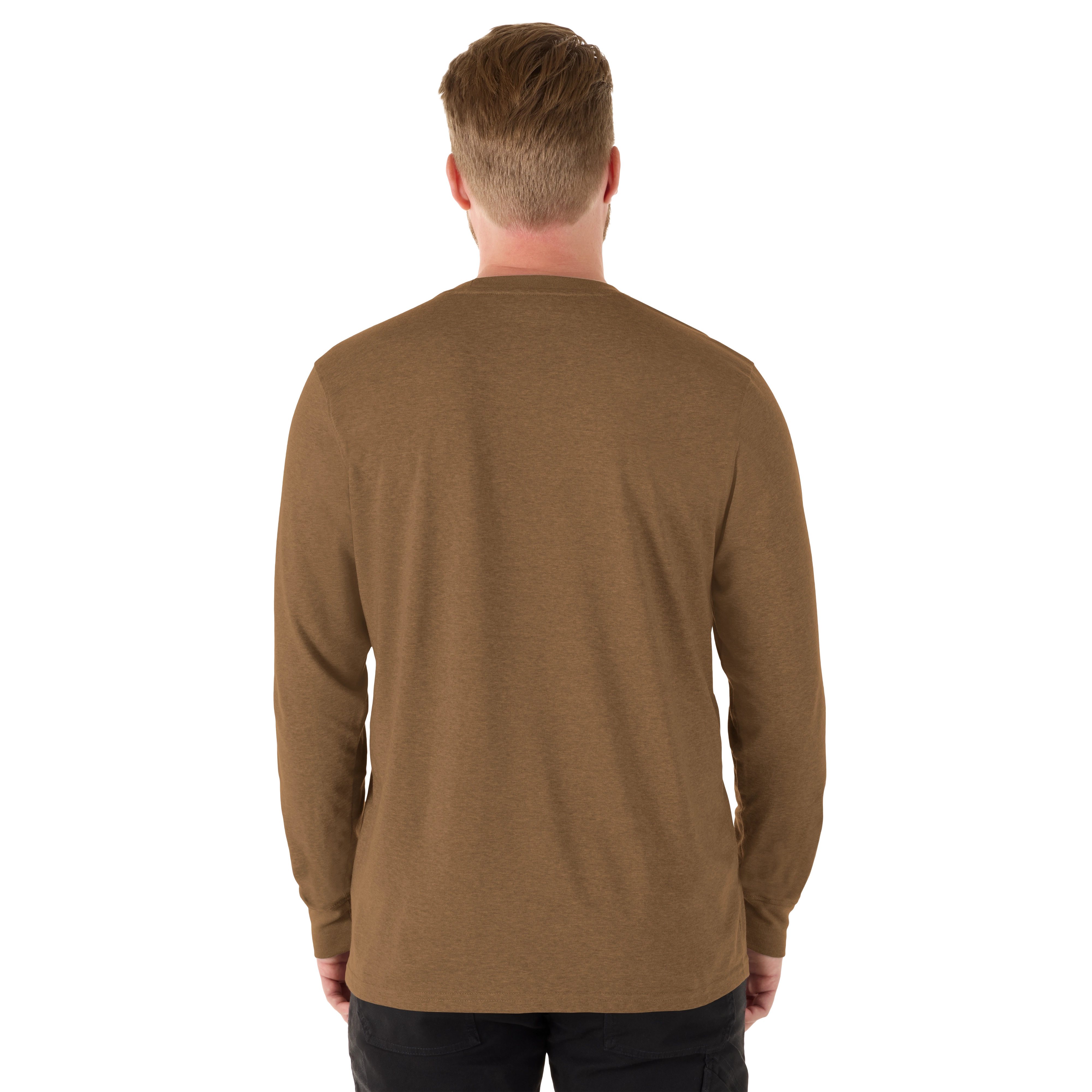 Back view of a man wearing the FREEFLEX Hybrid Work Tee - Long Sleeve in brown. The shirt features a crew neckline and long sleeves.
